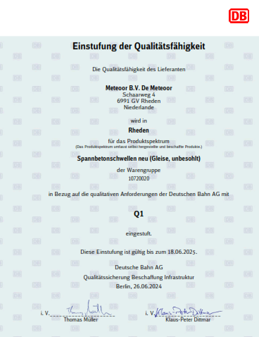 De Meteoor ontvangt Q1 certificaat van Deutsche Bahn